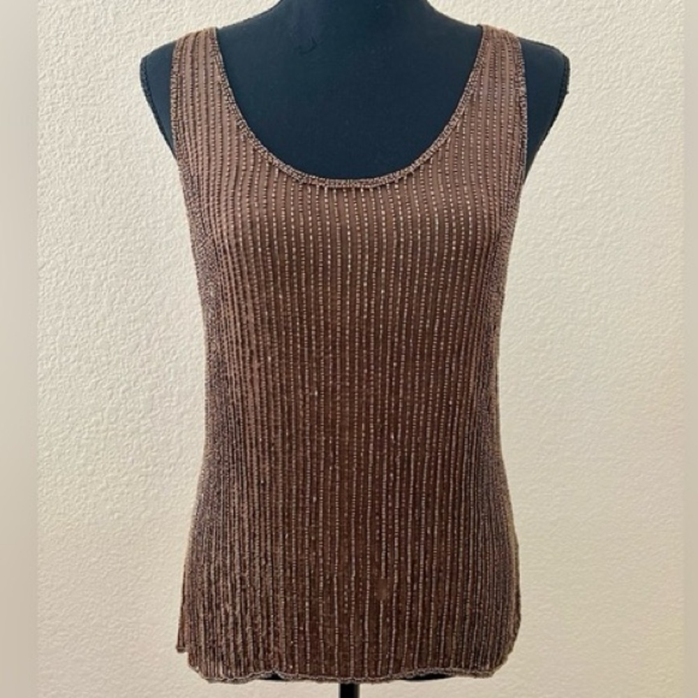 Anthropologie Moyna Sheer Beaded Brown Tank Top - Picture 2 of 15